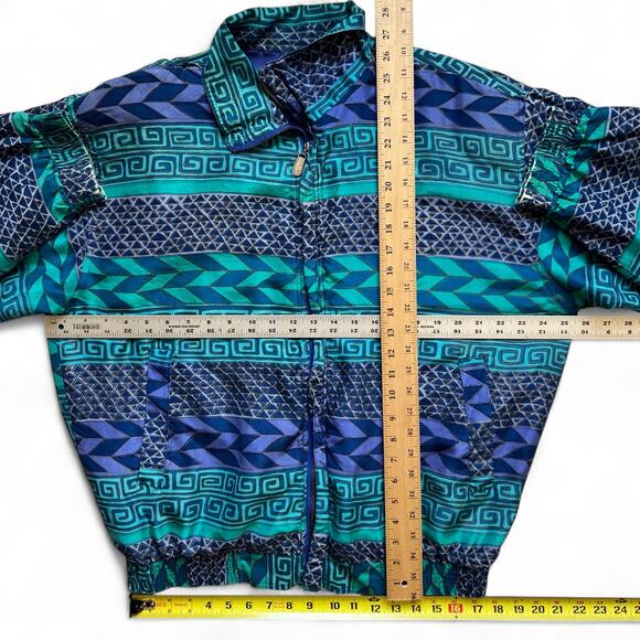 Vintage 80s 90s Silk Tribal Geometric Teal Green Blue Windbreaker Jacket African - Picture 8 of 8